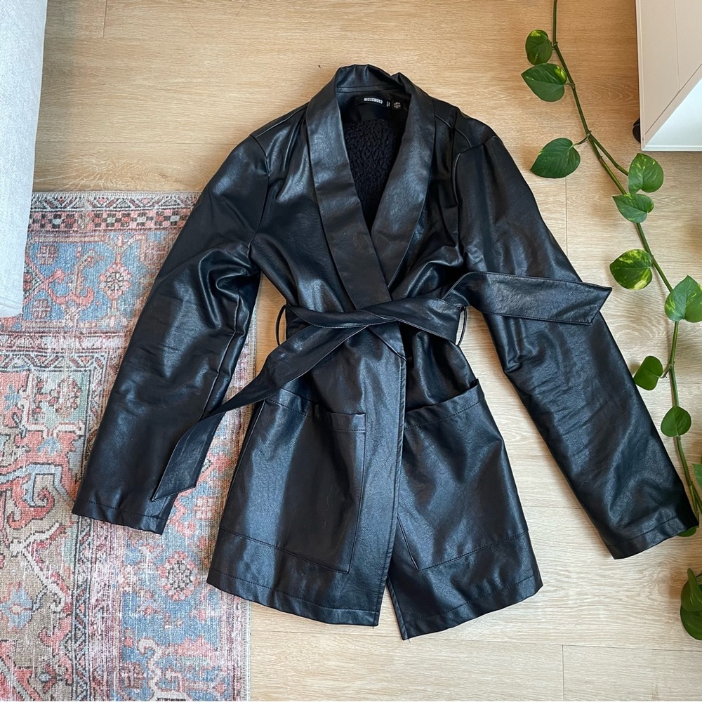 Black Faux Leather Belted Jacket